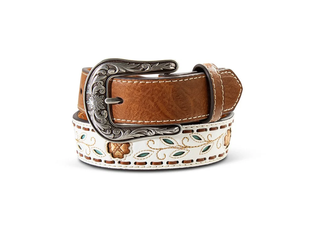 Girls Filigree Flower Leaves White Belt - A1309305