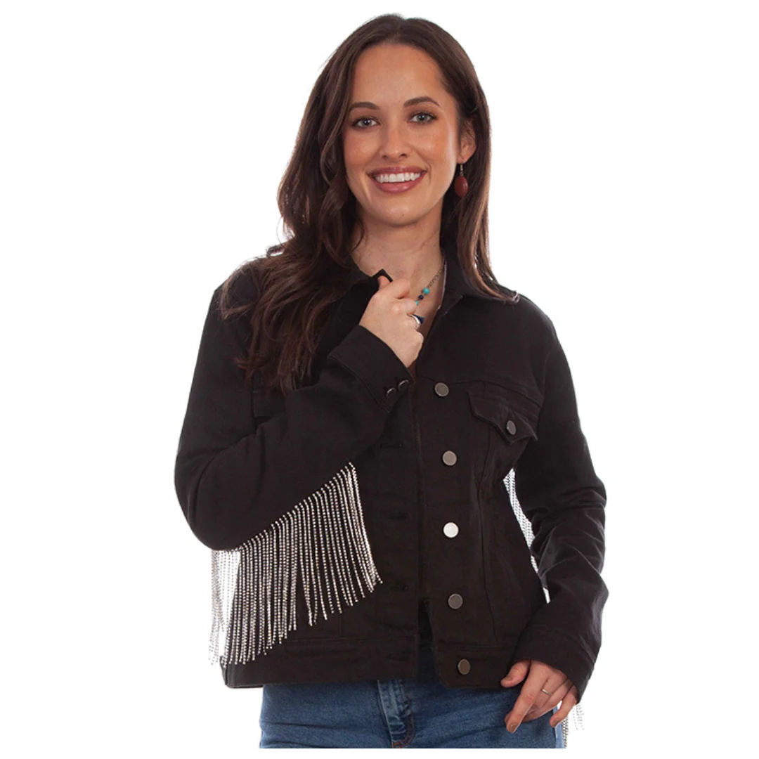 Black Denim Jacket with Rhinestone Fringe HC792-BLK
