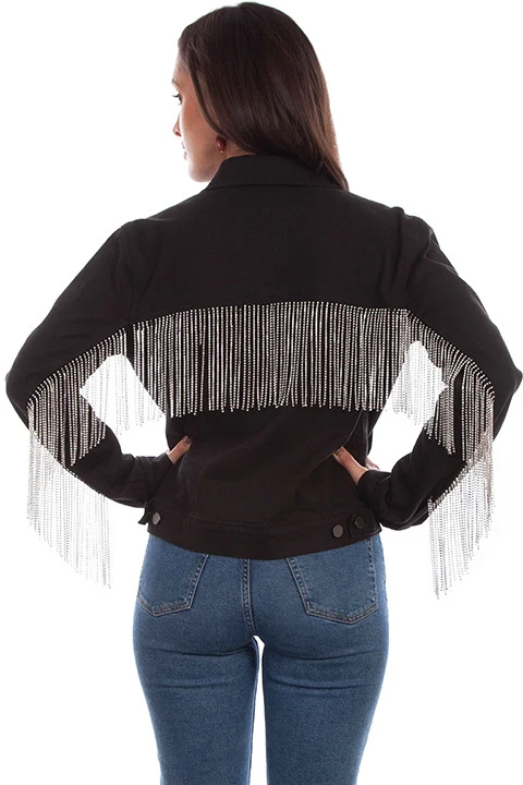 Black Denim Jacket with Rhinestone Fringe HC792-BLK - Image 2