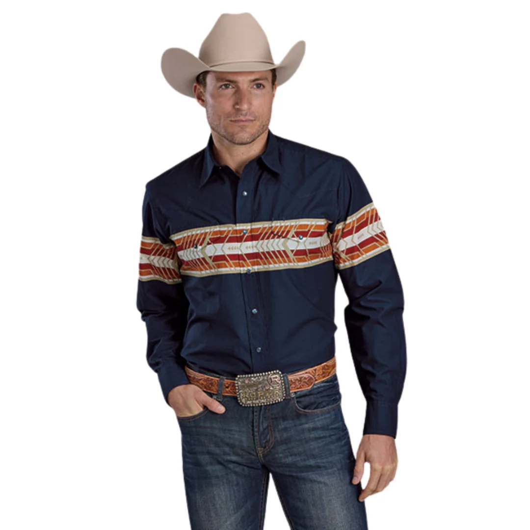 Blue Horizontal Border Print Long Sleeve Snap Shirt