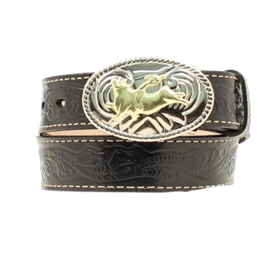 Boy's Black Tooled Belt With Bull Rider Buckle N4410401