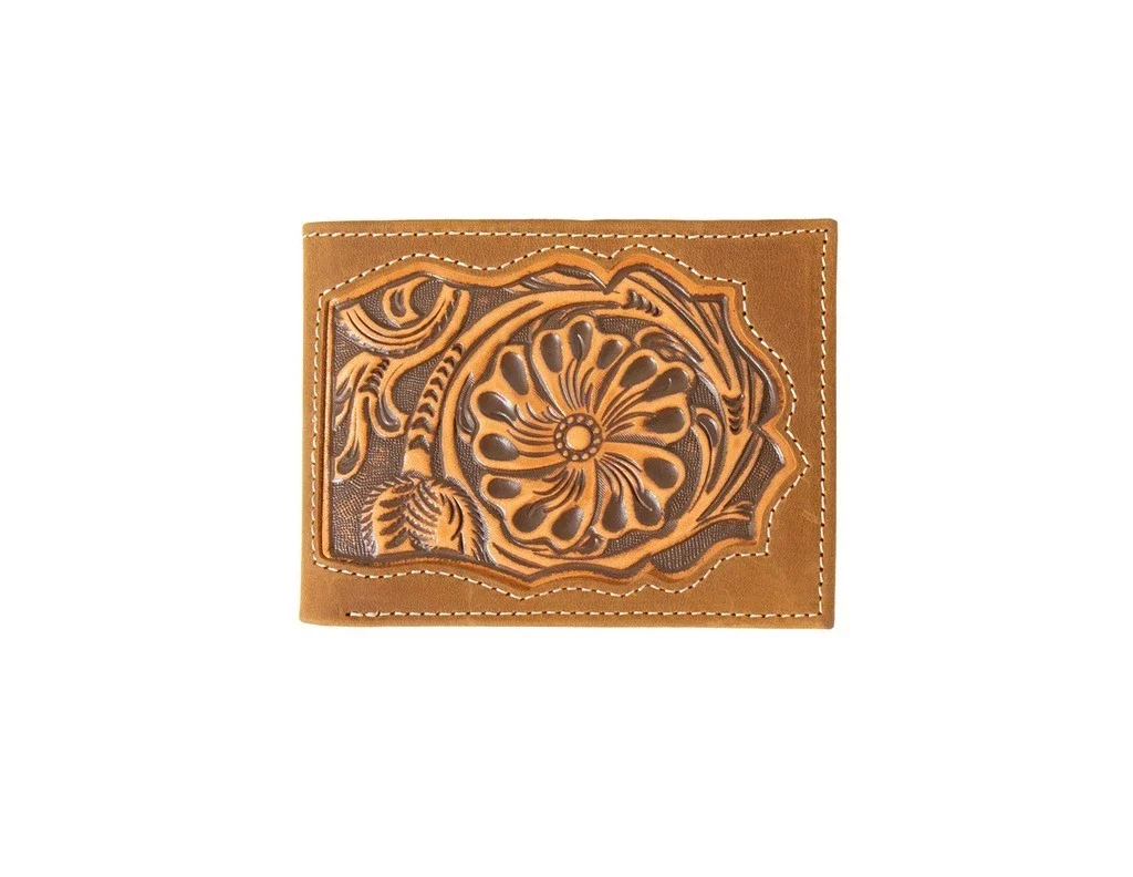 3D Mens Bifold Wallet Floral Embossed Inlay Brown - D250011602