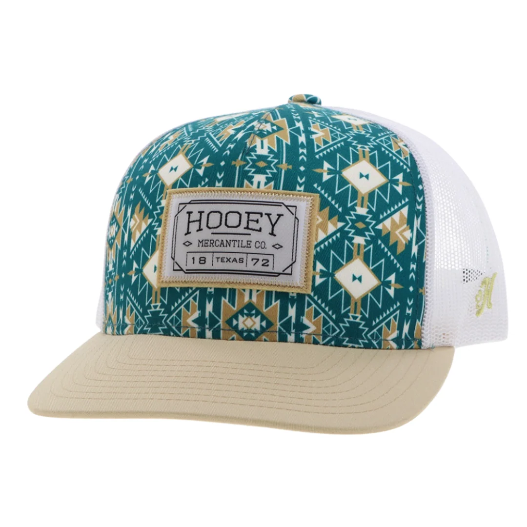 Doc Teal / Tan Pattern / White 5-Panel Trucker with White / Tan Rectangle Patch