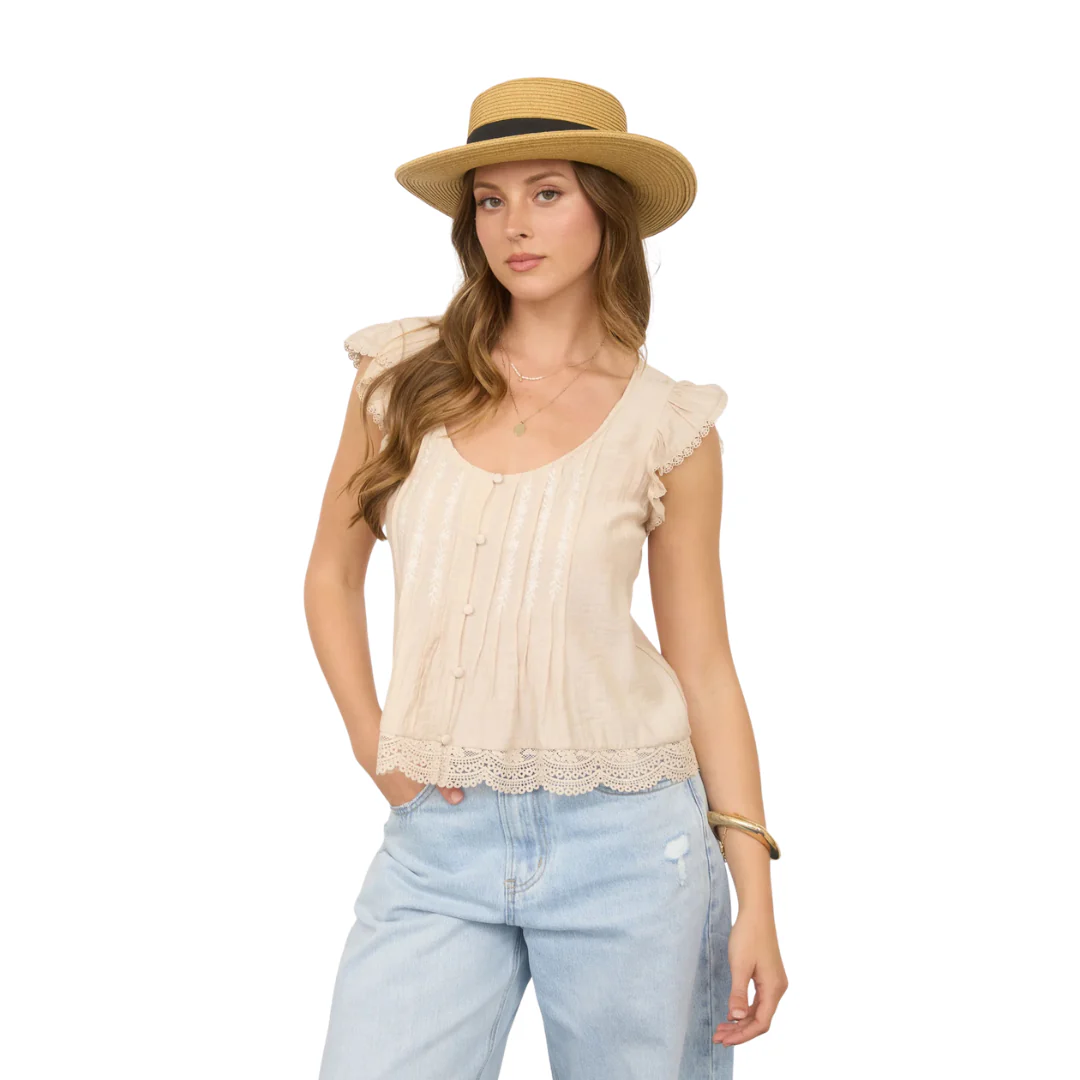 Embroidery Lace Trim Pintuck Button Down Top