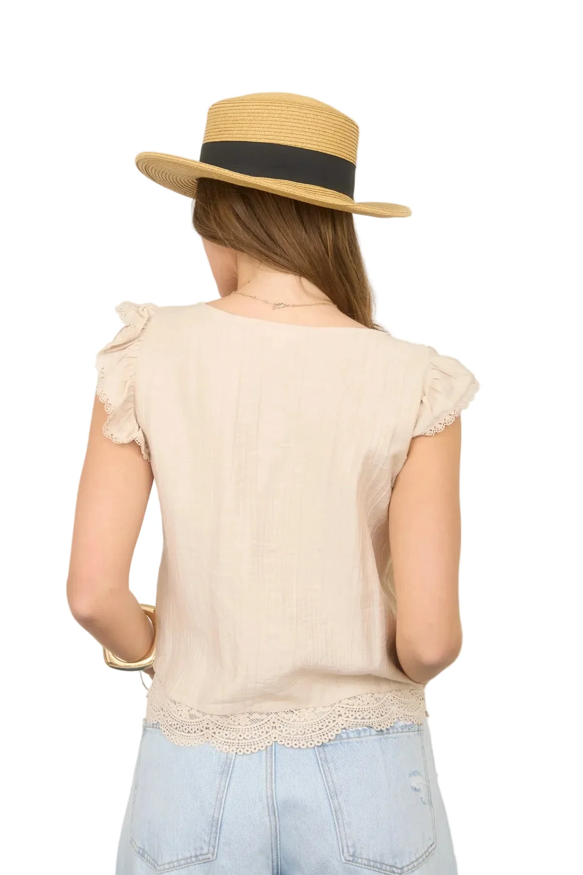 Embroidery Lace Trim Pintuck Button Down Top - Image 2