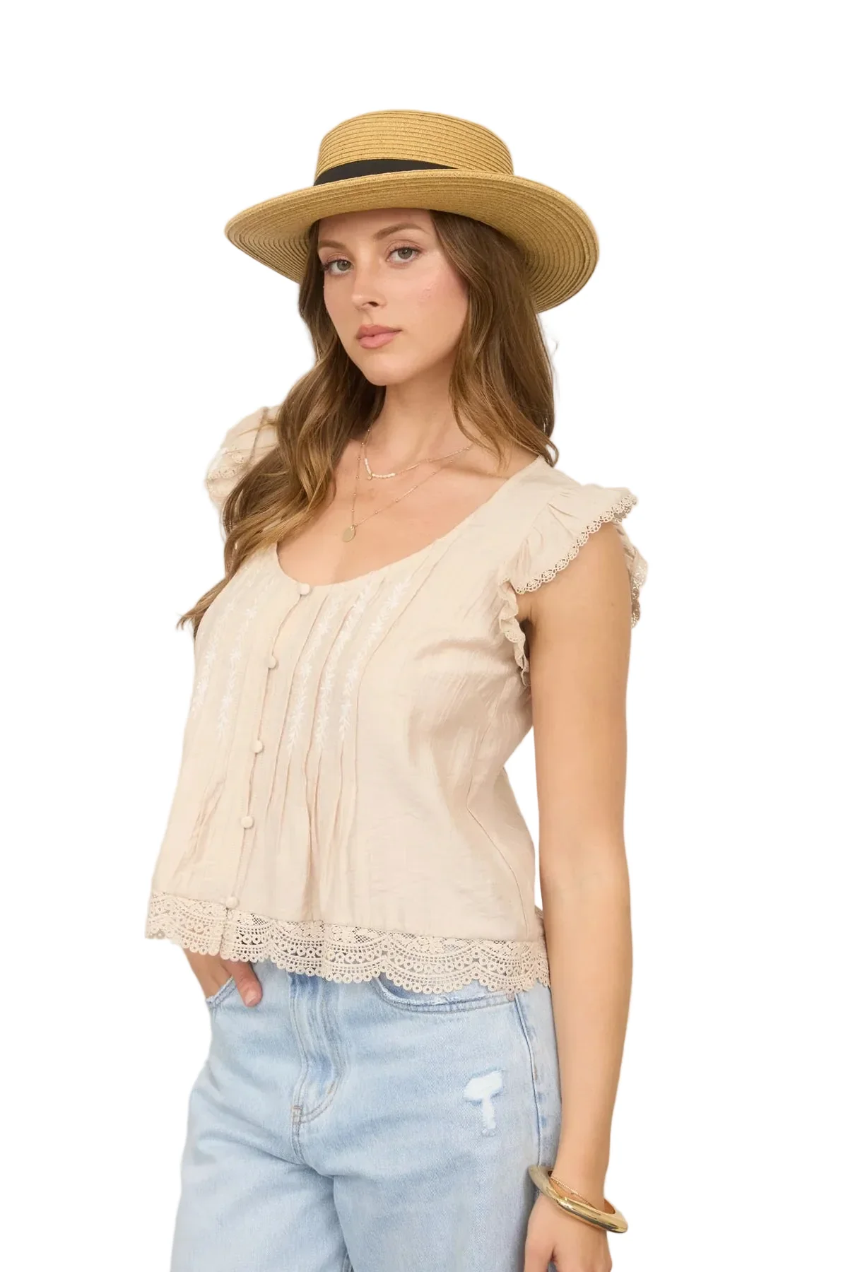 Embroidery Lace Trim Pintuck Button Down Top - Image 3