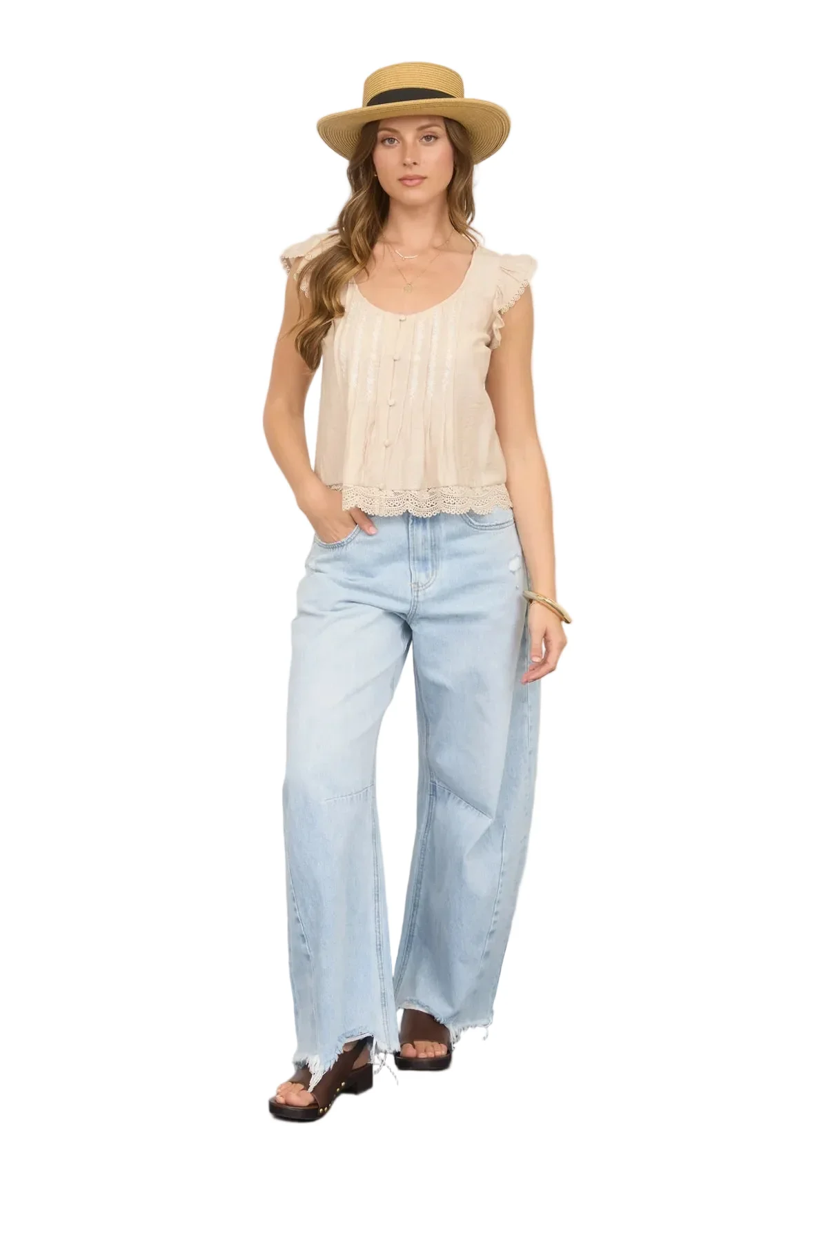 Embroidery Lace Trim Pintuck Button Down Top - Image 4