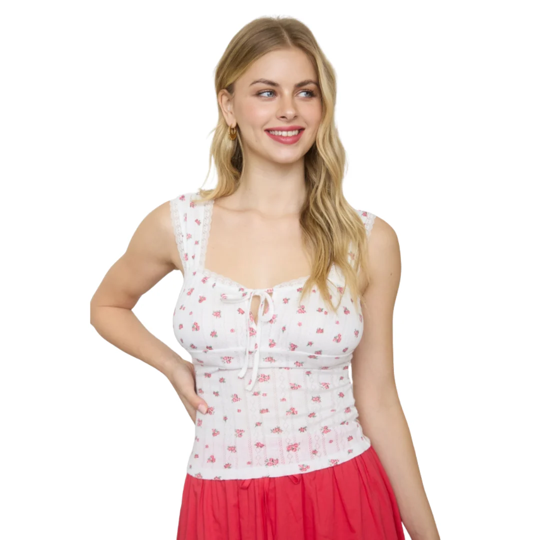Floral Pointelle Lace Trim Sleeveless Knit Top in Pink Multi