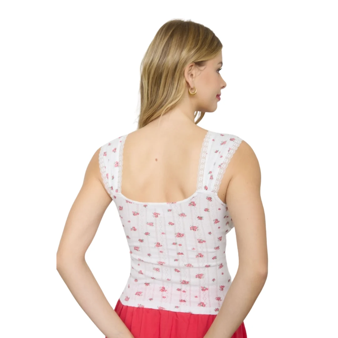 Floral Pointelle Lace Trim Sleeveless Knit Top in Pink Multi - Image 2