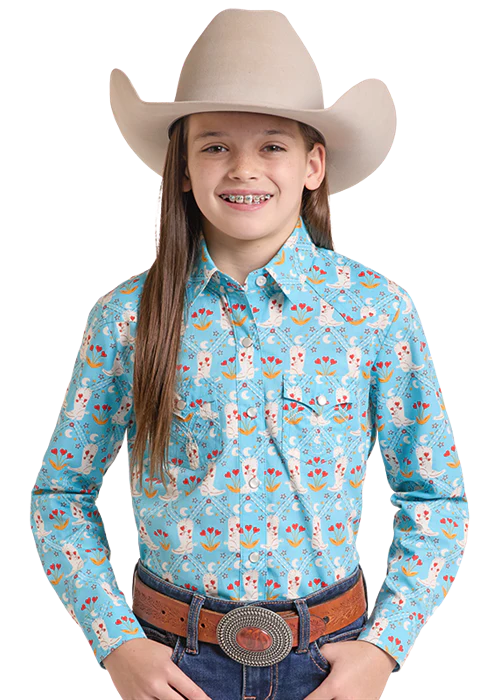 Girl's Turquoise Print Long Sleeve Snap Shirt LGN2S09912