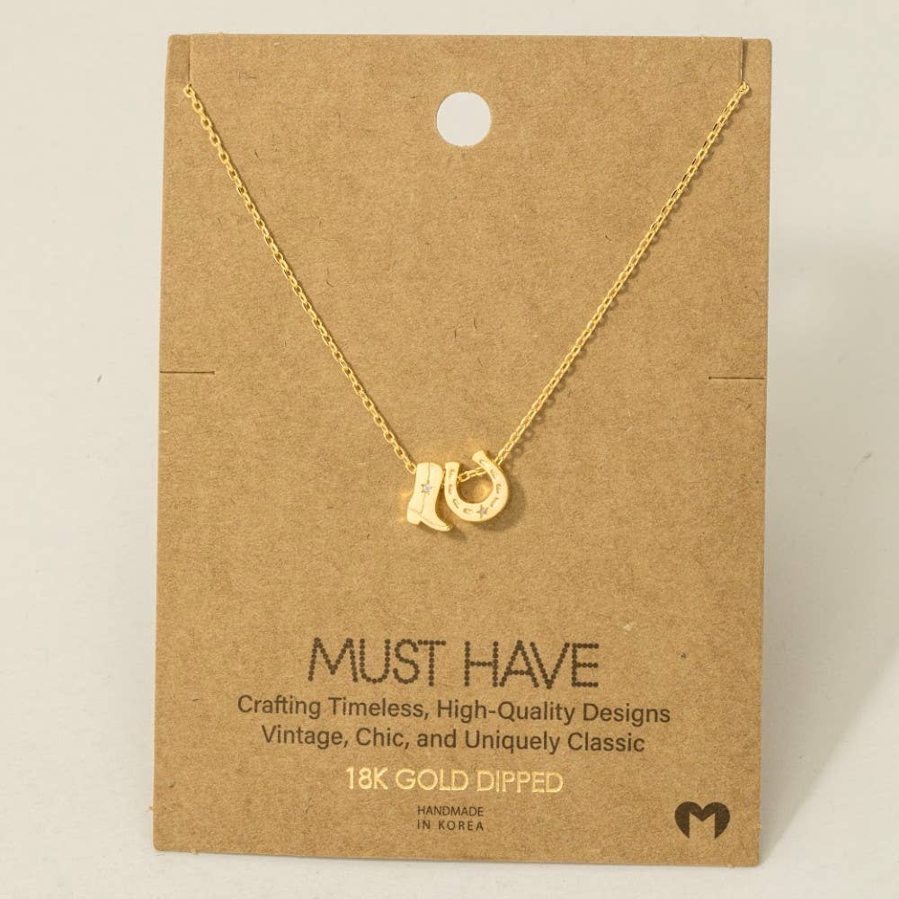 Gold Dipped Cowboy Boots Horse Shoe Charm Necklace - Image 3