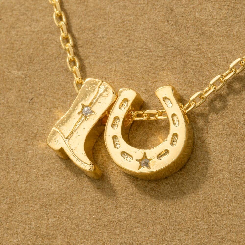 Gold Dipped Cowboy Boots Horse Shoe Charm Necklace - Image 4