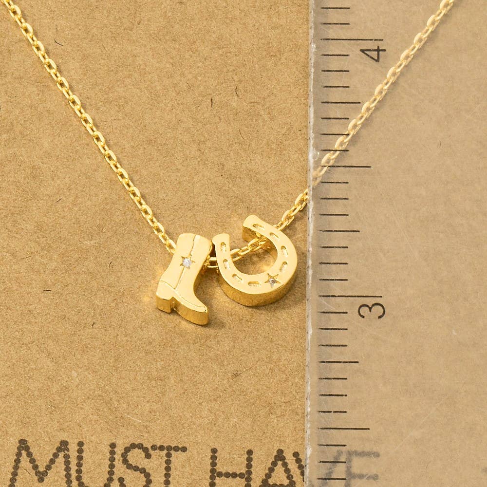 Gold Dipped Cowboy Boots Horse Shoe Charm Necklace - Image 5