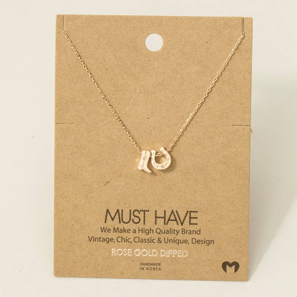 Gold Dipped Cowboy Boots Horse Shoe Charm Necklace - Image 6