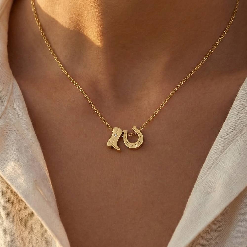 Gold Dipped Cowboy Boots Horse Shoe Charm Necklace - Image 7