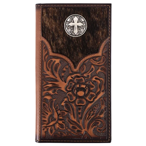 Genuine Leather Rodeo Wallet Floral Tooling With Hair on Yoke - 2610055662