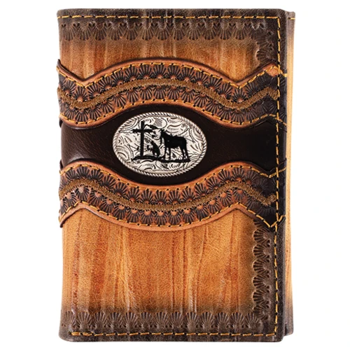 Genuine Leather Trifold Wallet Textured With Praying Cowboy - 2610333227