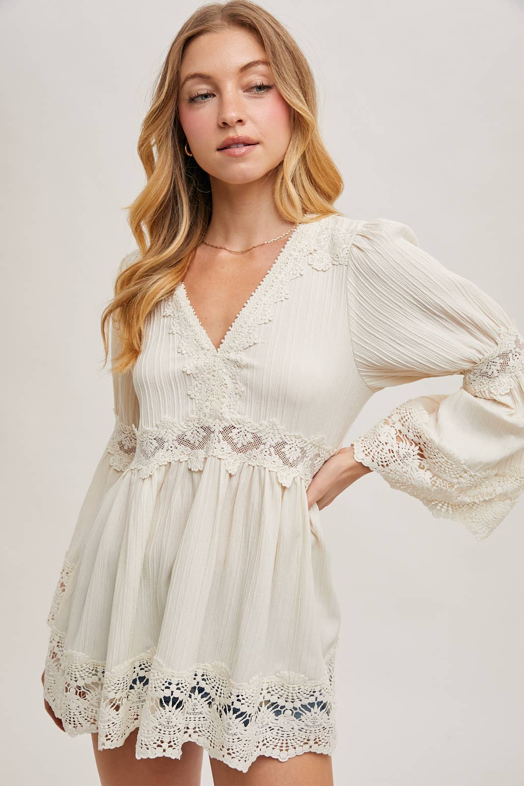 Lace Trimmed Bell Sleeve V-Neck Blouse - Image 4