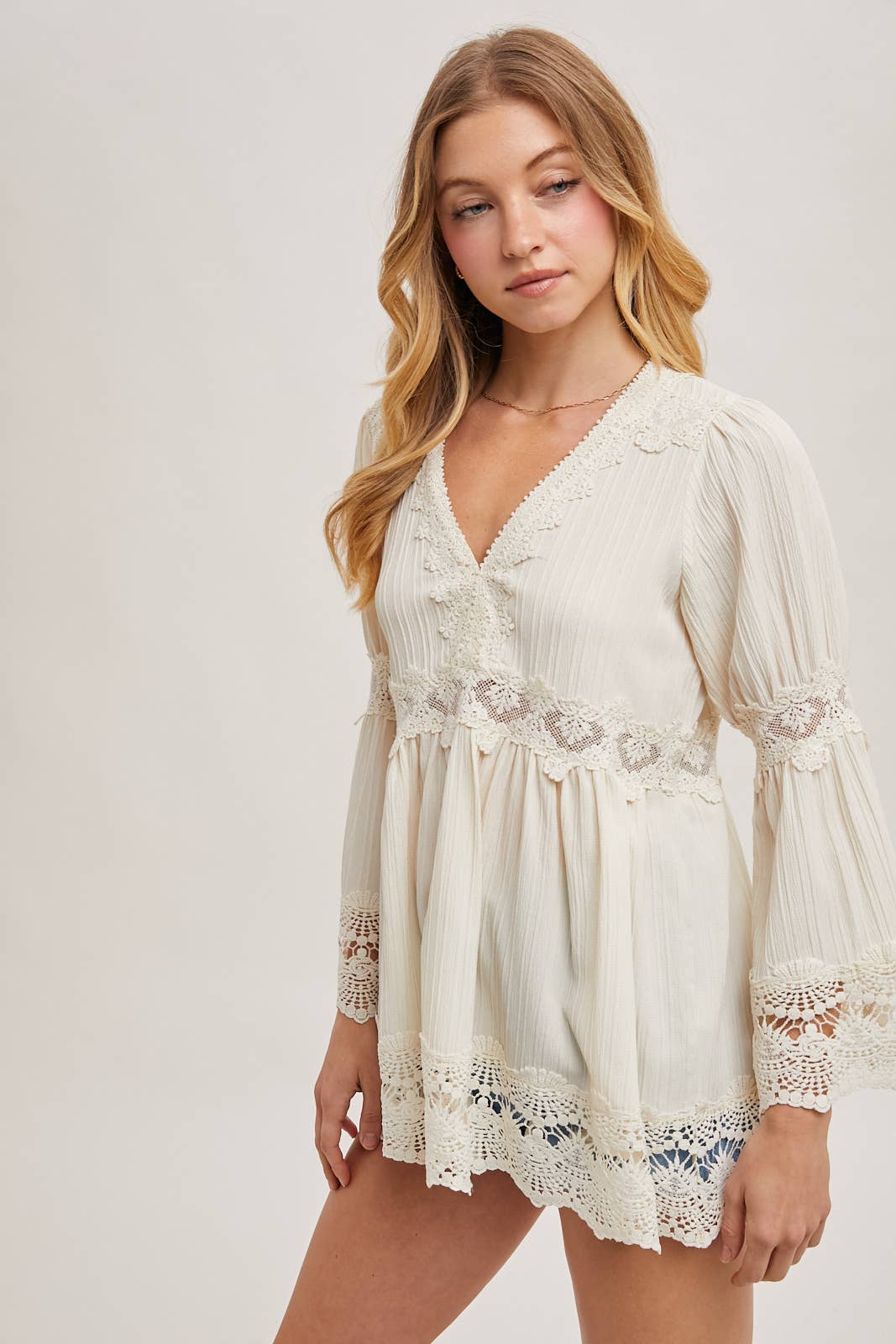 Lace Trimmed Bell Sleeve V-Neck Blouse - Image 7