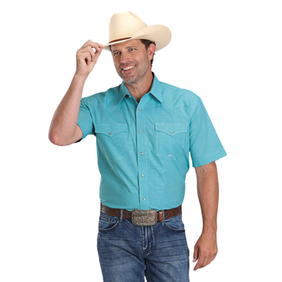 Men's Amarillo Plaid Turquoise Snap Short Sleeve Shirt 03-002-0278-4200 BU