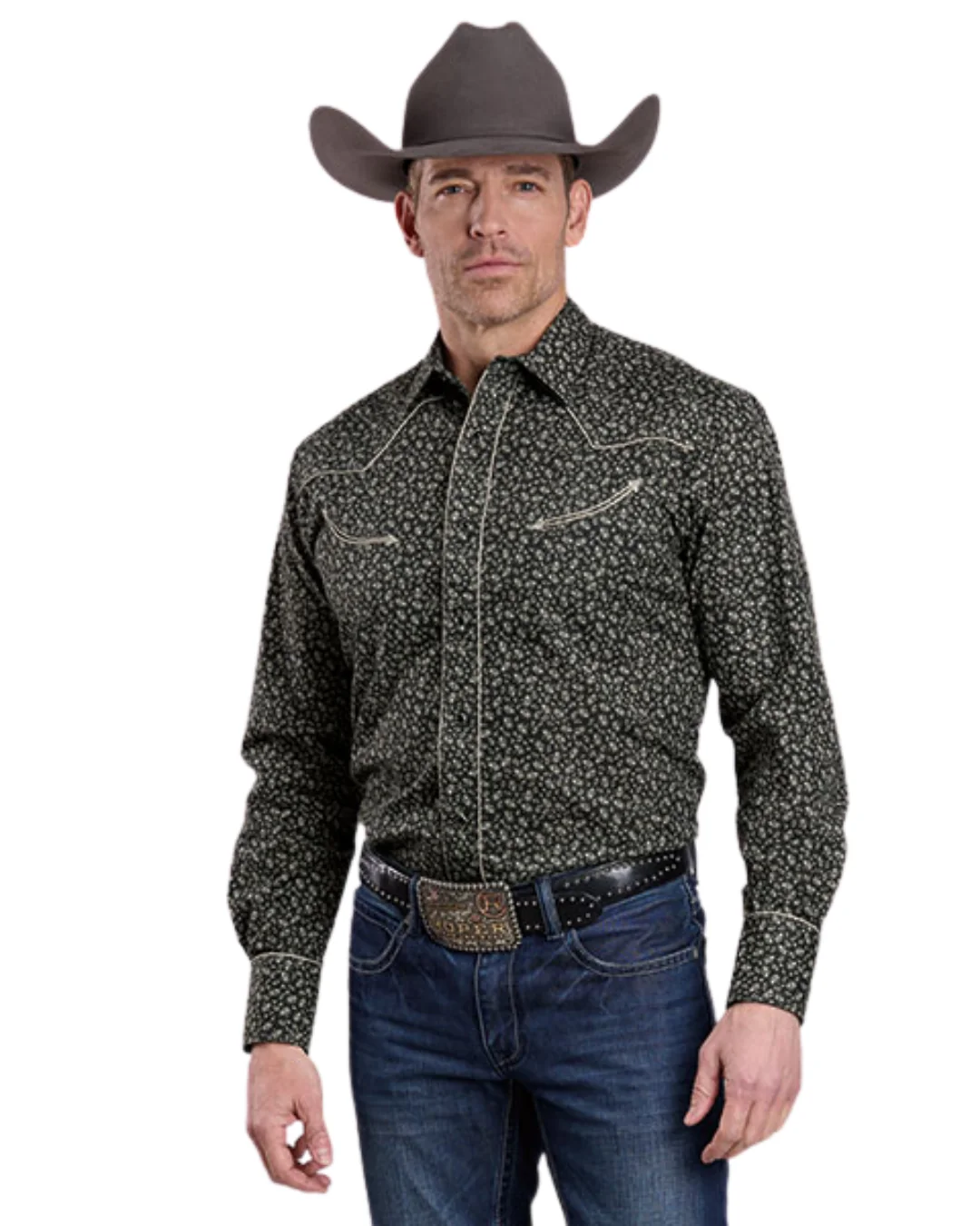 Men's Black/ Grey Floral Long Sleeve Snap Shirt 01-001-0086-7011 BL