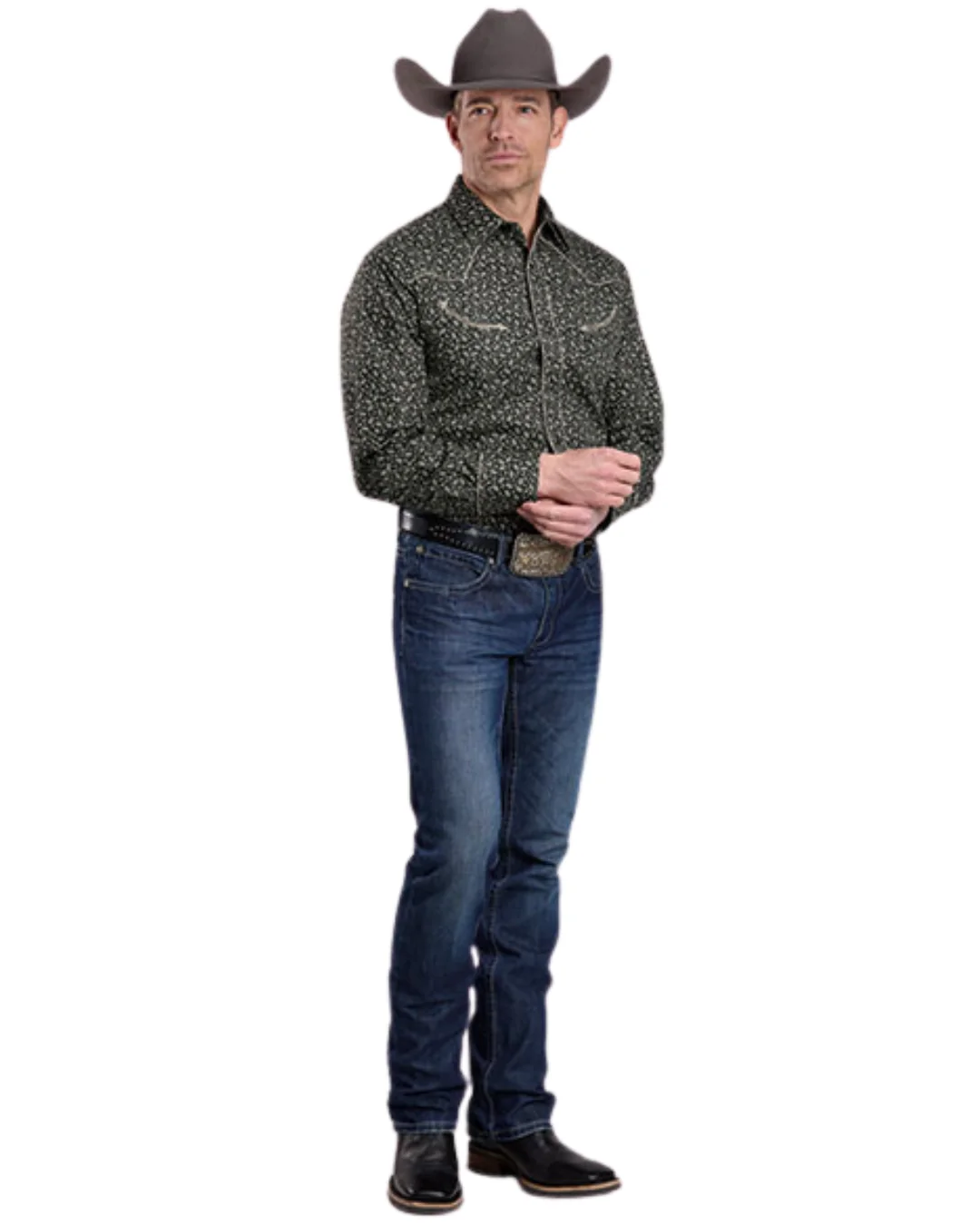 Men's Black/ Grey Floral Long Sleeve Snap Shirt 01-001-0086-7011 BL - Image 2