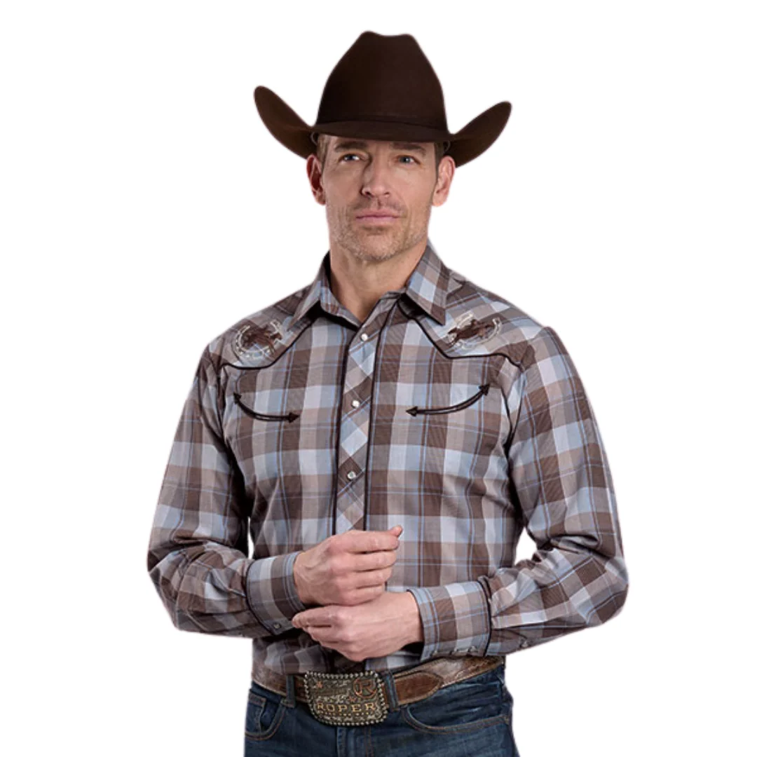 Men's Brown Plaid Piping Yoke Embroidery Long Sleeve Shirt 01-001-0016-7005 BR - Image 2