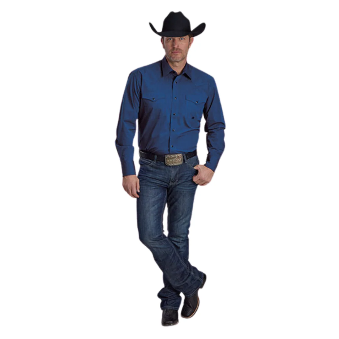 Men's Cobalt Solid Long Sleeve Pearl Snap Shirt - Image 3