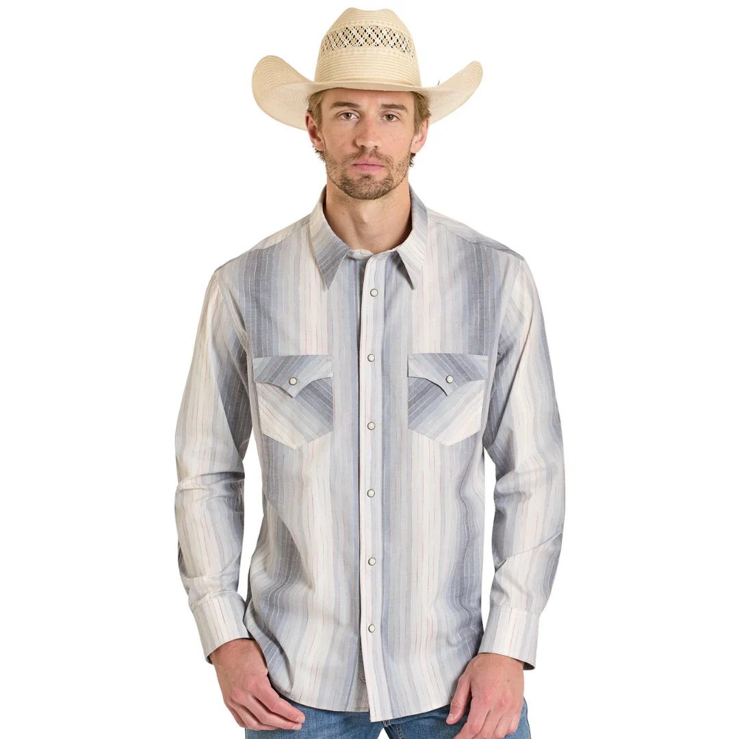 Men's Grayscale Striped Snap Long Sleeve Shirt BMN2S08310