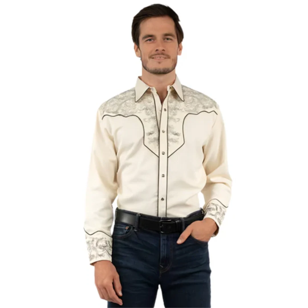 Men's Paisley Embroidered Button Up In Cream - P-929