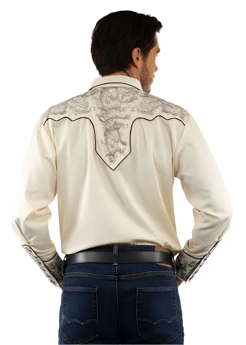 Men's Paisley Embroidered Button Up In Cream - P-929 - Image 2