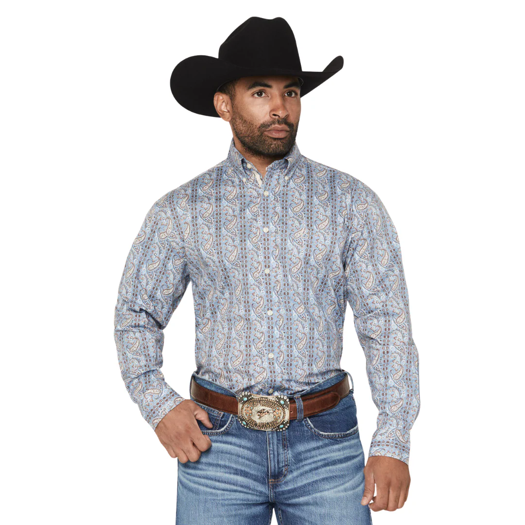 Men's Sky Blue Paisley Long Sleeve Shirt RMB2S07077