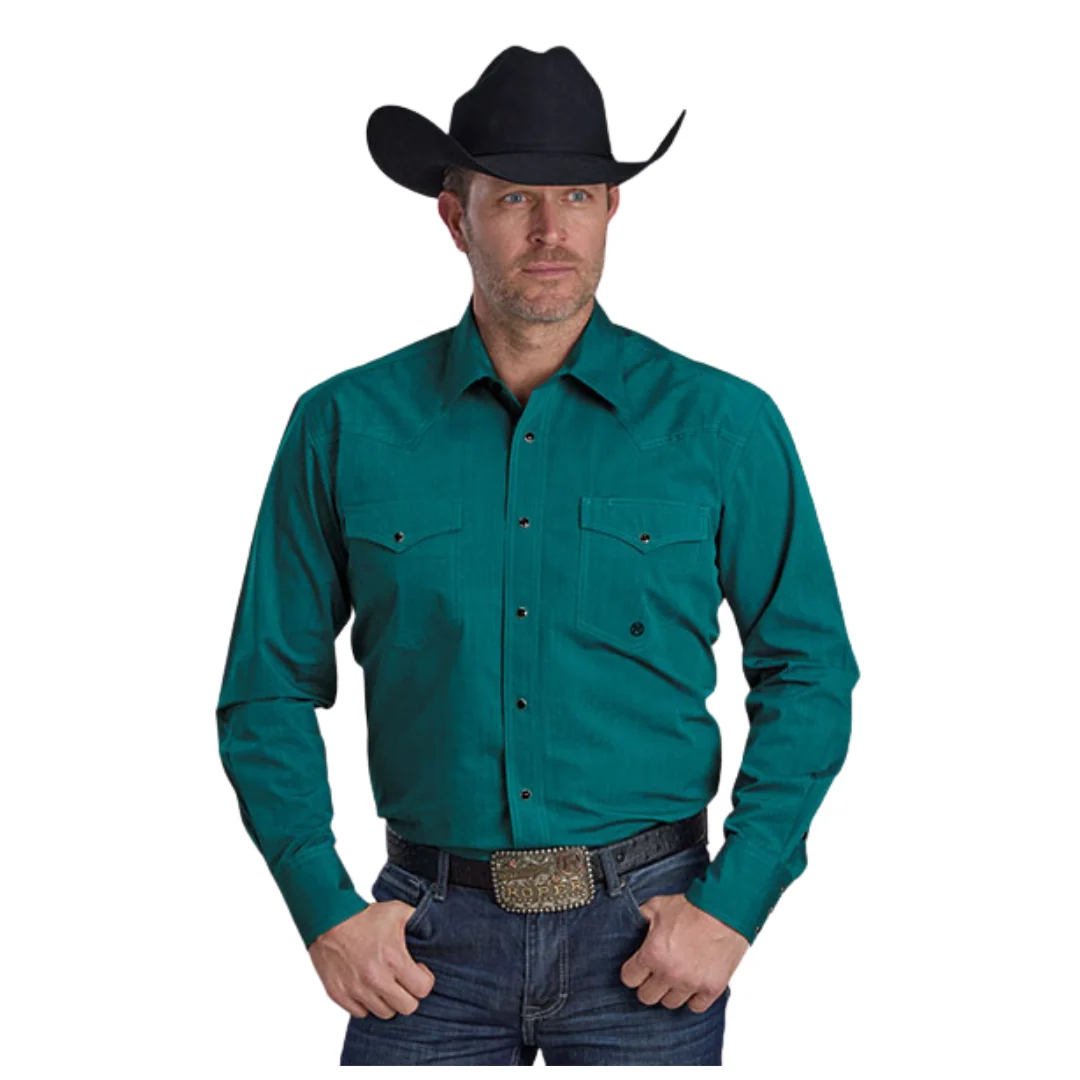 Men's Solid Teal Pearl Snap Long Sleeve Shirt