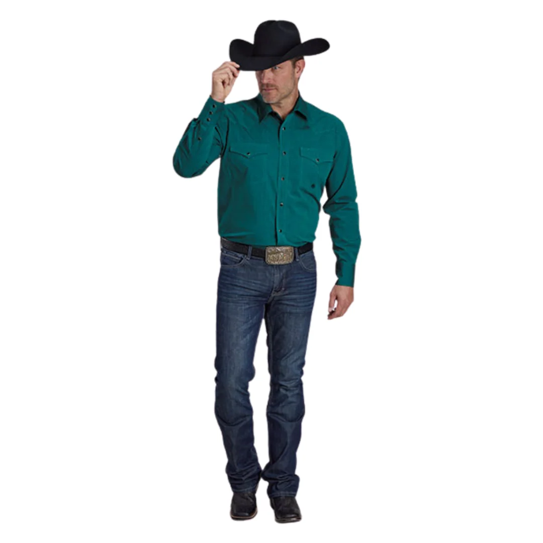 Men's Solid Teal Pearl Snap Long Sleeve Shirt - Image 2