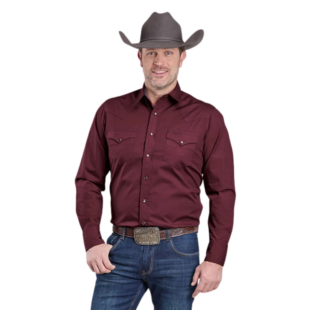 Men's Solid Wine Performance Long Sleeve Snap Shirt 03-001-0060-0713 WI