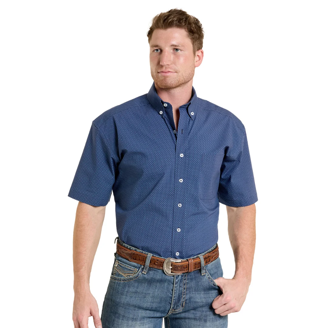 Men's Short Sleeve 1 Pocket Button Shirt in Blue SMB3S08279