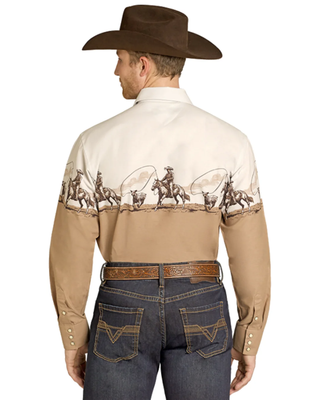 Men's Tan Cowboy Border Long Sleeve Snap Shirt SMN2S07678 - Image 2