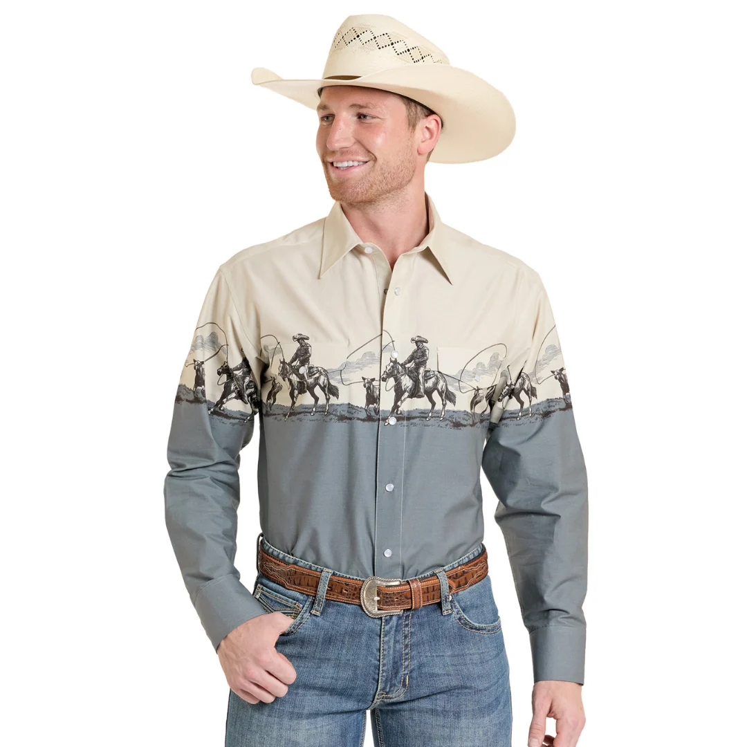 Men's Tan Roping Border Snap Long Sleeve Shirt