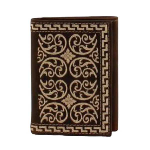 Mens Trifold Cream Embroidered Brown Wallet - N500026002