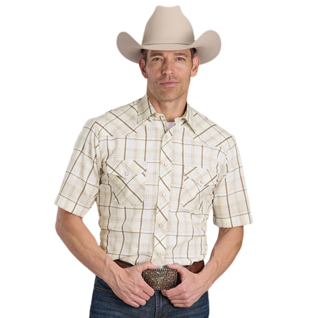 Neutral Plaid Short Sleeve Snap Shirt