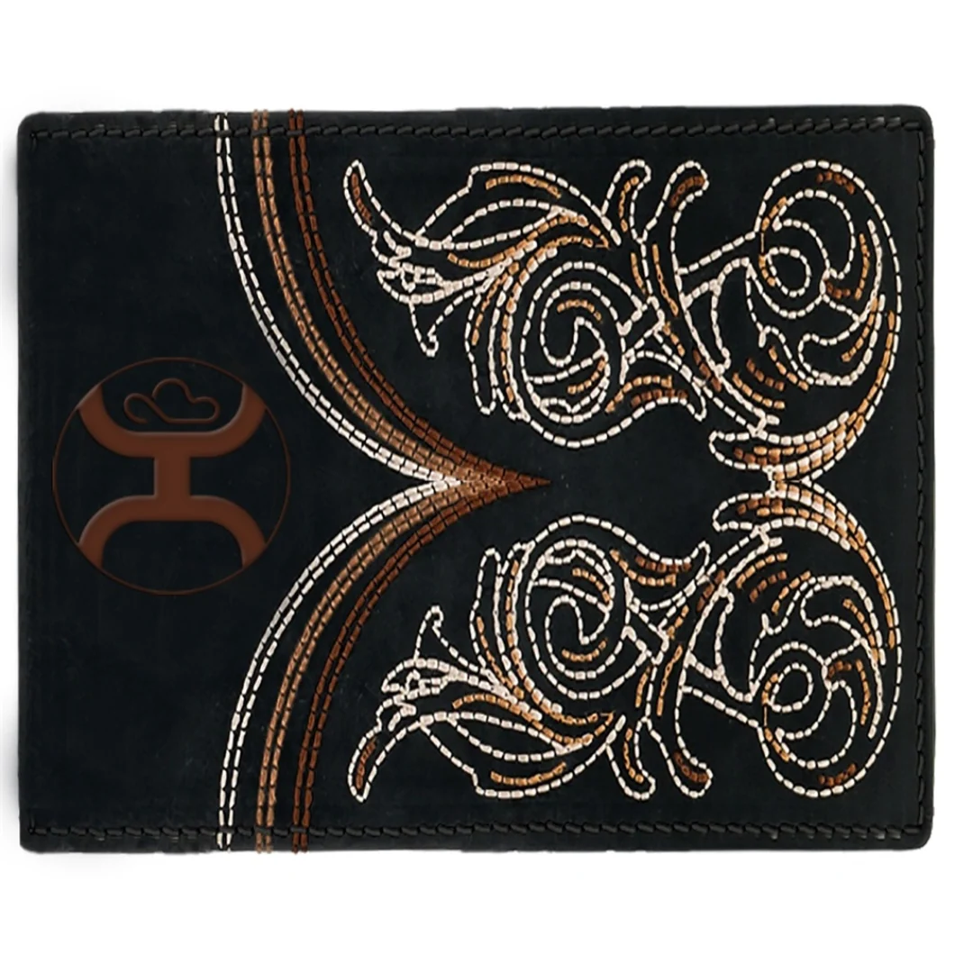 "Ranger" Hooey Logo & Boot Stitch Filigree Embroidered Bifold Wallet HBF016-BK