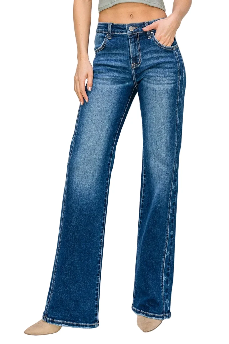 Mid Rise Side Star Print Detail Straight Jeans (Plus Size) RDP5596X
