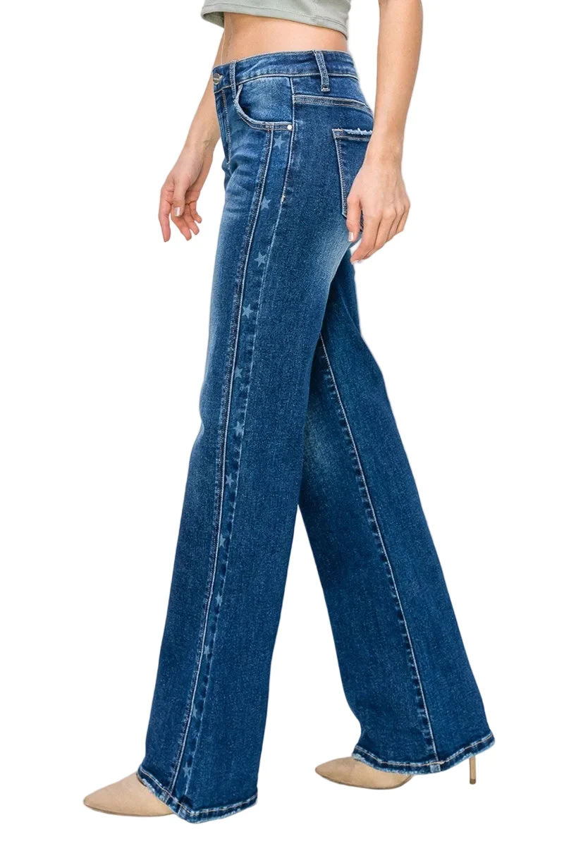 Mid Rise Side Star Print Detail Straight Jeans (Plus Size) RDP5596X - Image 3