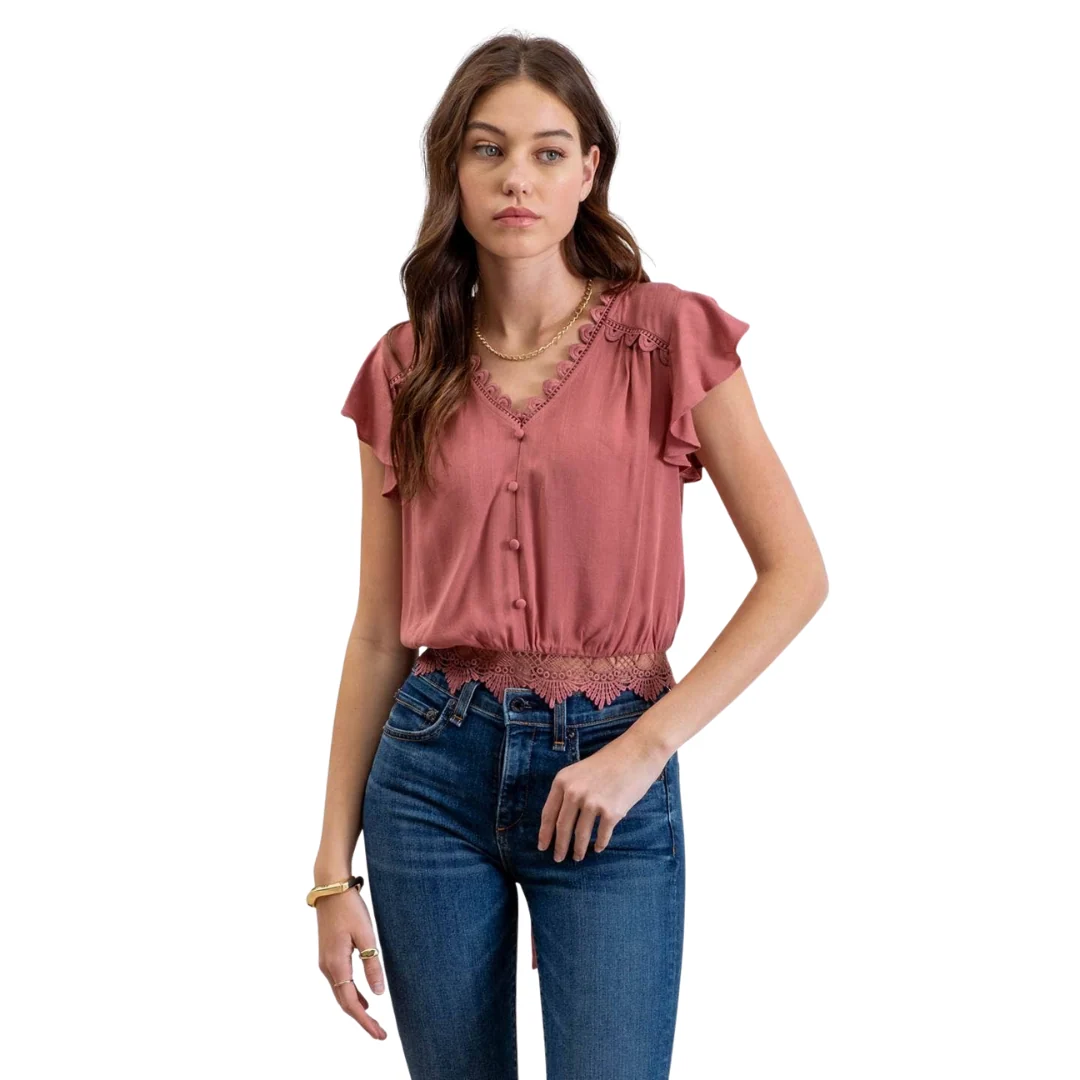 Scallop Lace Trim Back Tie Short Sleeve Crop Top