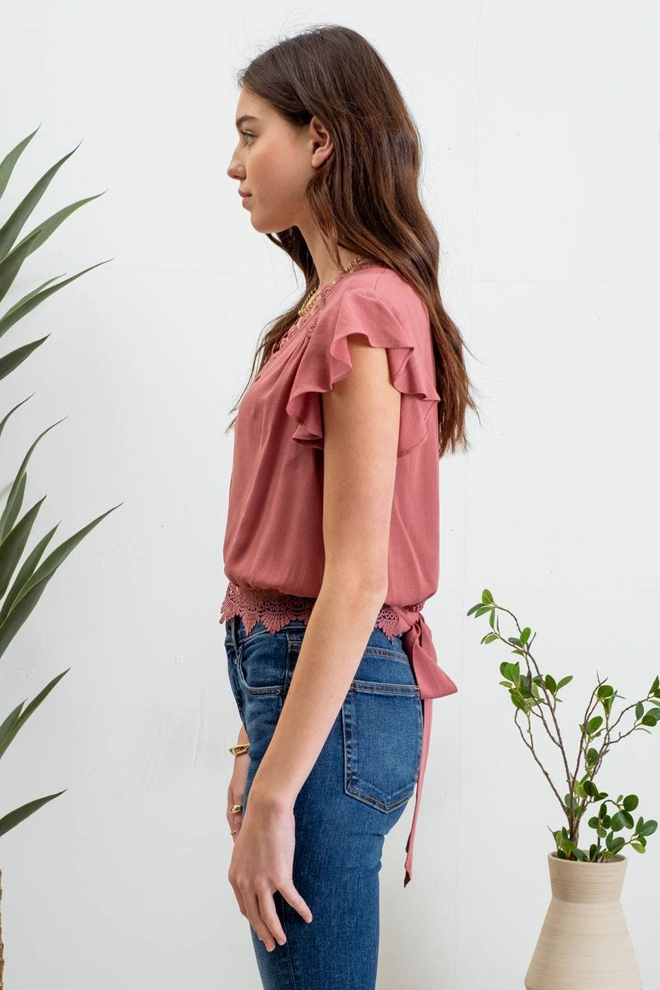 Scallop Lace Trim Back Tie Short Sleeve Crop Top - Image 6