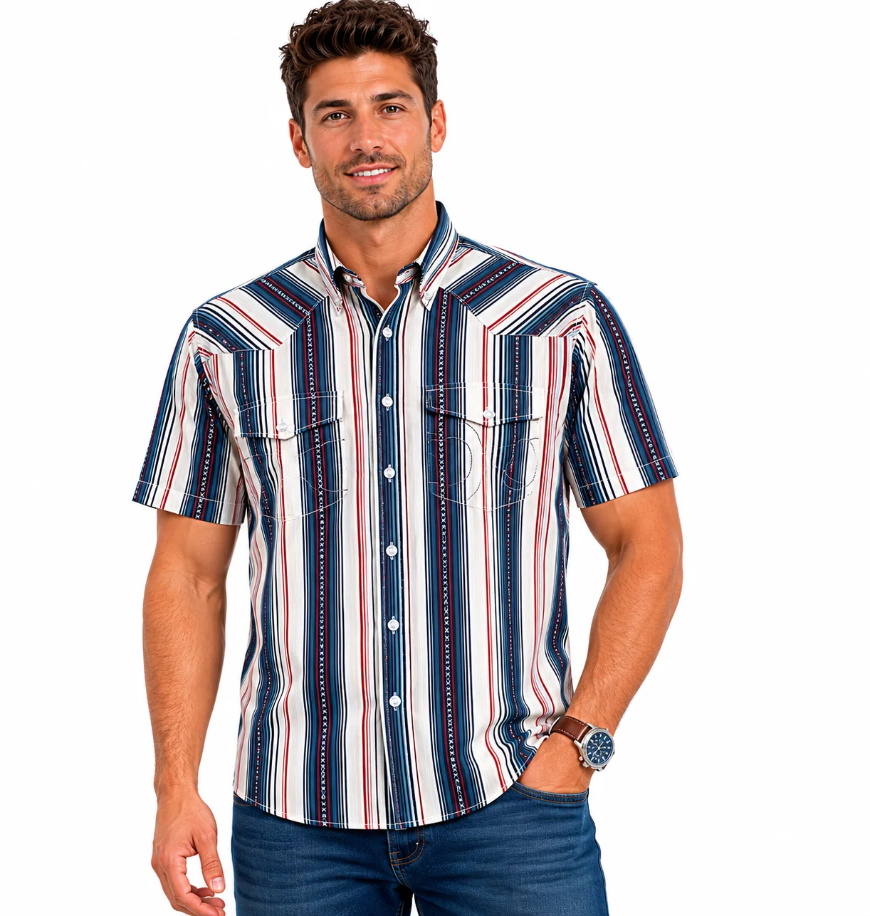 Sol Men's Whitecap Grey Short Sleeve Pearl Snap in Red / Blue Stripes