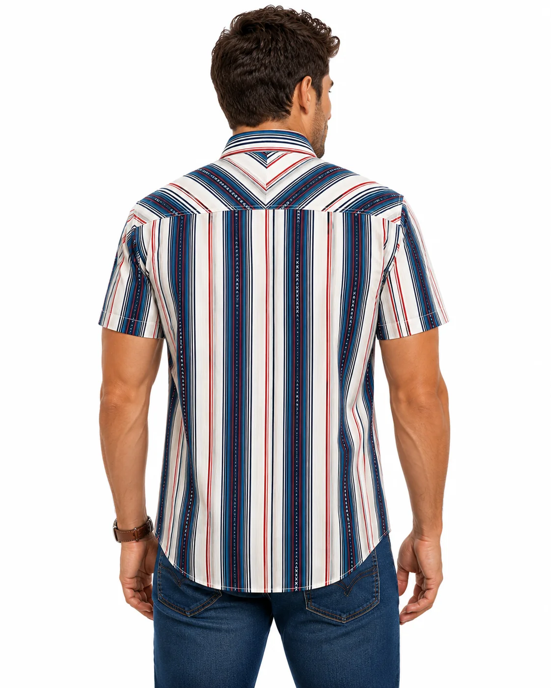 Sol Men's Whitecap Grey Short Sleeve Pearl Snap in Red / Blue Stripes - Image 2