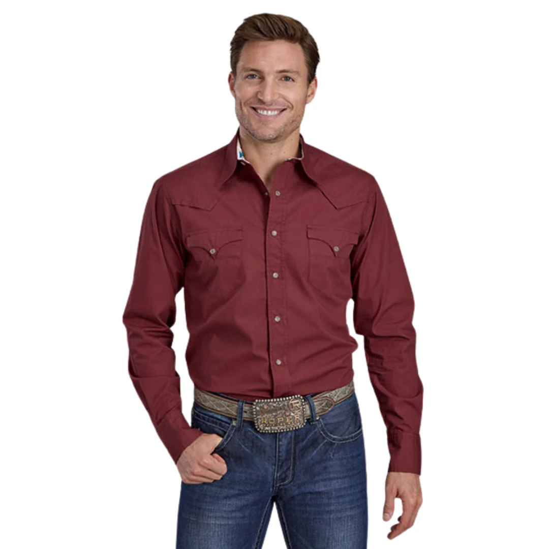 Solid Poplin Red Performance Snap Long Sleeve Shirt