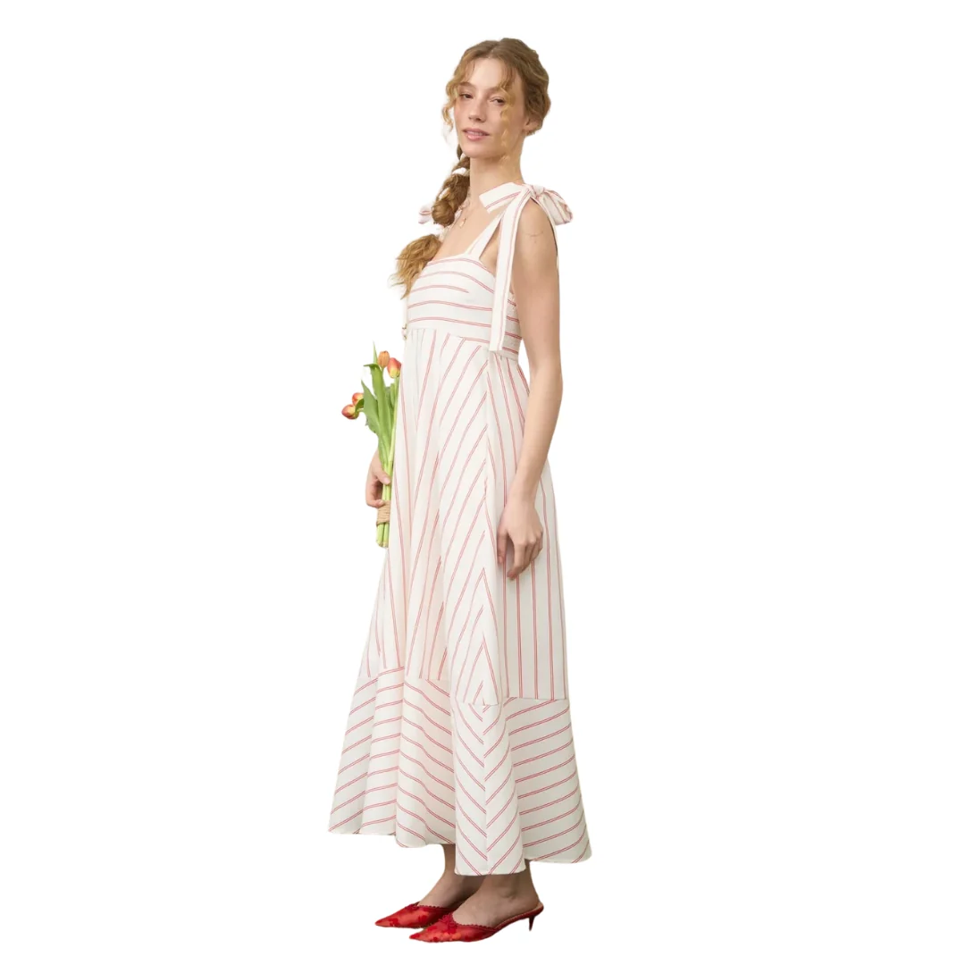 Stripe Tie Strap Detail Empire Waist Midi Dress in Red