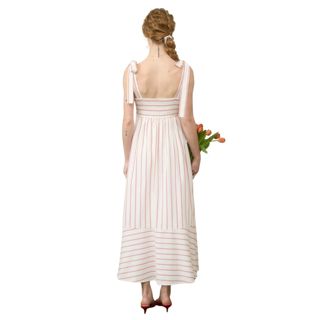 Stripe Tie Strap Detail Empire Waist Midi Dress in Red - Image 2